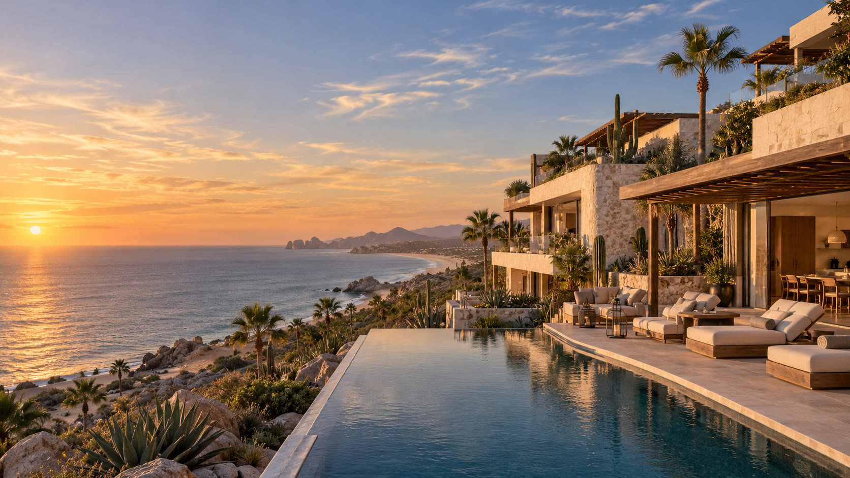 Villa frente al mar al atardecer