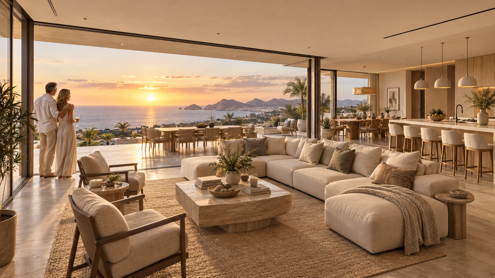 Interior de villa con pareja viendo el atardecer