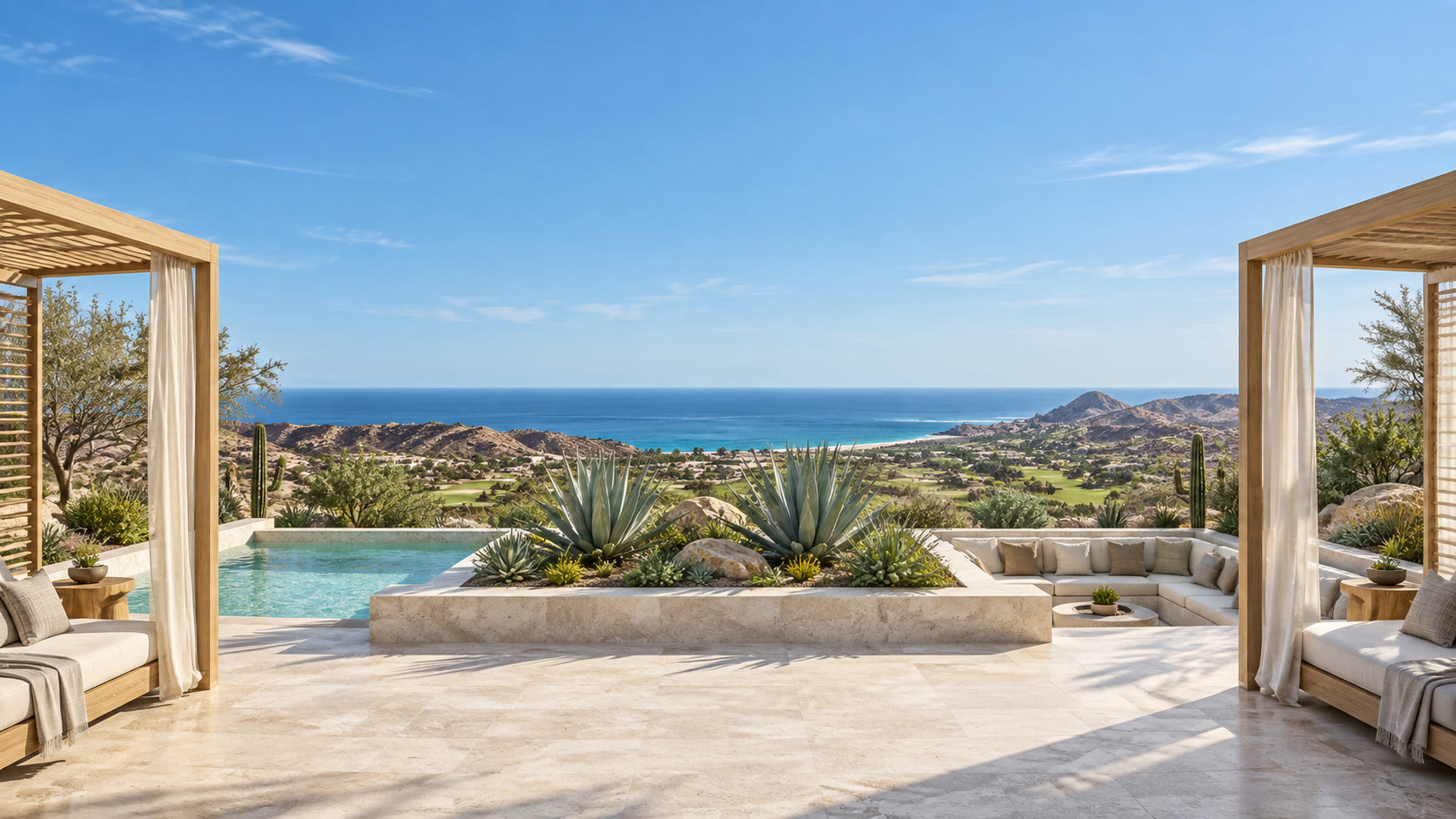 Terraza con alberca y cabanas frente al mar